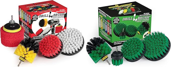 Drillbrush Variety & Medium Stiffness Green Kitchen Cleaning Kit - 7 Brushes & 3 Pads - Tile, Grout, Bathtub, Sinks & More - Nylon Bristles & Pads - 90 Day No Questions Asked Return
