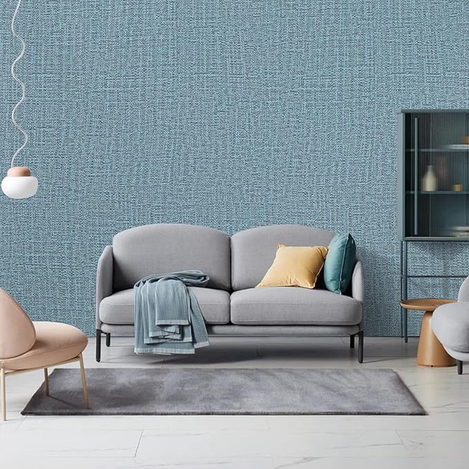 Peel and Stick Wallpaper Blue Grass Cloth Wall Paper - 15.7 x 98 Inch Self Adhesive Wallpaper Peel and Stick, Easy to Paste Wall Contact Paper for Stand Liner, Table and Door Makeover Decor