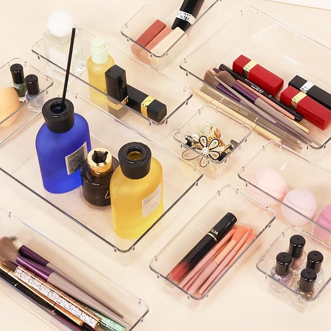 25 PCS Clear Plastic Drawer Organizer Set,Vanity Organizer Storage Bins Containers,4 Size Desk Drawer Organizer Tray