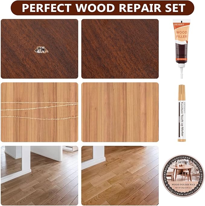 Wood Furniture Repair Kit, 6 Colors Wood Filler, Hardwood Laminate Vinyl Floor Repair Kit with Wood Markers, Wood Polish Wax for Hole, Scratch, Crack, Stain (Walnut Wood 20Pcs)