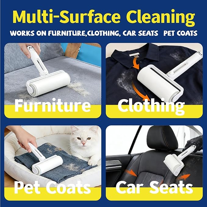 2026New 4-in-1 Pet Hair Removal Kit - Refillable Lint Roller + Self-Cleaning Deshedding Comb + Electrostatic Glove + Soft Rubber Bath Brush, Multi-Surface Hair Remover for Cats/Dogs/Clothes/Yellow