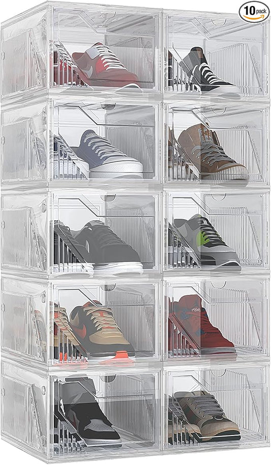 AWTATOS Shoe Boxes with Magnetic Door, Stackable Shoe Storage Organizer with Lids, Folding Shoe Rack for High Heels, Thickened Sneaker Storage Container, 10 Pack, Clear