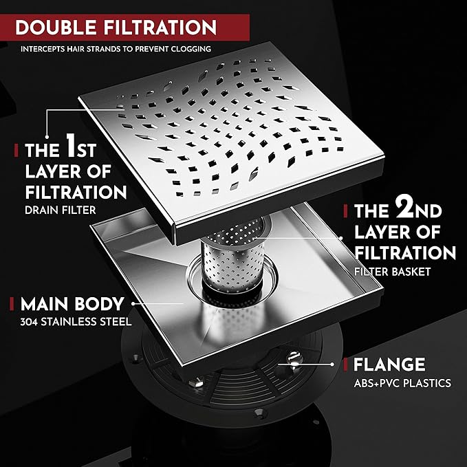 WEBANG 6 Inch Square Shower Drain Brushed Floor Drain with Flange Wave-Hole Pattern Cover Grate Removable SUS304 Stainless Steel Watermark&CUPC Certified Brushed