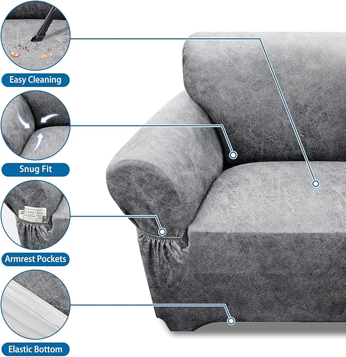Couch Cover Leather Look 3 Seater Couch Sofa Cover 1-Piece Sofa Slipcover Stretch Furniture Protector with Elastic Bottom & Pockets(Sofa, Light Grey)