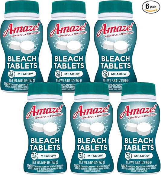 AMAZE Ultra Concentrated Bleach Tablets [6 bottles] - Meadow Scent - for Laundry, Toilet, and Multipurpose Home Cleaning. No Splash Liquid Bleach Alternative