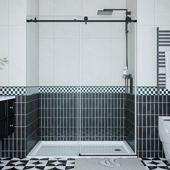 Glass Shower Door 56–60 inch W× 76 inch H, Sliding Frameless Shower Door with Round Stainless Steel Rail and 55mm Rollers, 6mm Tempered Glass, Matte Black, Stylish Bathtub and Shower Enclosure