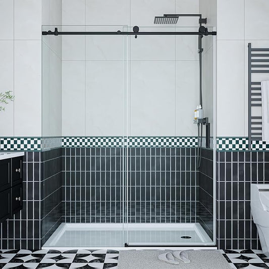 Glass Shower Door 56–60 inch W× 76 inch H, Sliding Frameless Shower Door with Round Stainless Steel Rail and 55mm Rollers, 6mm Tempered Glass, Matte Black, Stylish Bathtub and Shower Enclosure