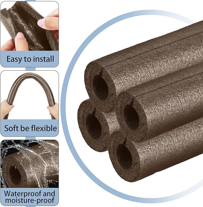 Amylove 12 Pcs 3.3 Feet Foam Pipe Insulation Foam Tube Insulating Water Pipe Pool Swim Noodles Pre Slit Heat Preservation Pipes Covers for Tubing Outdoor Winter Freeze Protection(Brown,1 Inch)