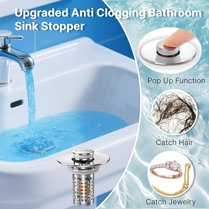 Bathroom Sink Drain Strainer, Stainless Steel Pop-up Strainer Basket Hair Catcher with Removable Basket, Brass Bullet Core, Universal Fit 1.1-2.36 Inch (4PCS)
