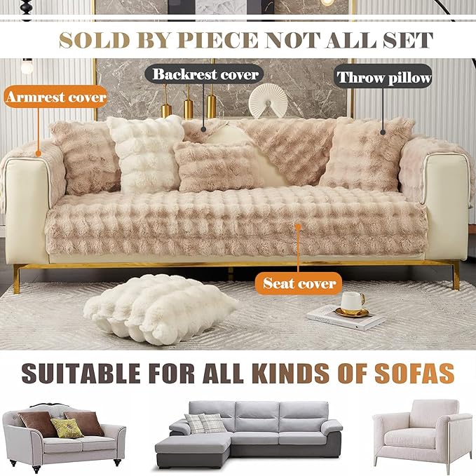 Soft Warm Faux Fur Couch Sofa Cover Thick Shaggy Fuzzy Sectional Couch Cover Non-Slip Solid Color Plush Sofa Slipcover Furniture Protector for Kids, Pets (Light Brown,43"x43")