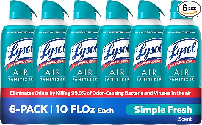 Lysol Air Sanitizer Spray with Bacterial Odor Eliminator for Home & Office, Sanitizing Air Spray, Air Freshener Alternative, Simple Fresh Scent,10 oz (Pack of 6)