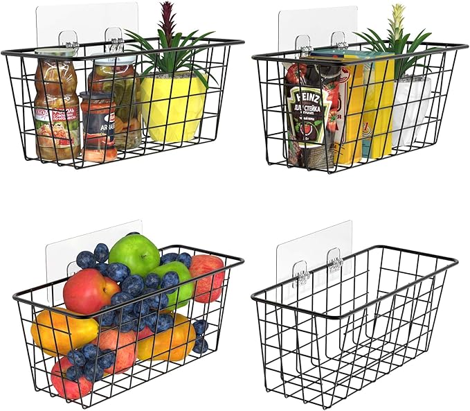 MaraFansie Over the Cabinet Door Organizer Wall Wire Baskets Hanging Kitchen Basket Shelf for Cabinet & Pantry Organization and Kitchen, Bathroom, Bedroom Storage, with Adhesive, 4 Pack