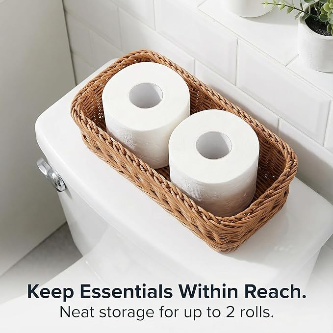 3 Pack Small Bathroom Vanity Trays, Waterproof Plastic Rattan Toilet Tank Organizers, 9.8" Slim Rectangular Topper Baskets for Guest Towel, Perfume & Candle, Washable Wicker Aesthetic (Honey Brown)