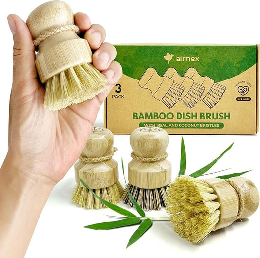 Bamboo Dish Brush Set of 3 - Natural Wooden Dish Scrubber w/Medium Stiff Sisal & Coconut Bristles - Kitchen Scrub Brush for Dishes, Pots & Pans - Plastic Free, Non Scratch Bristles