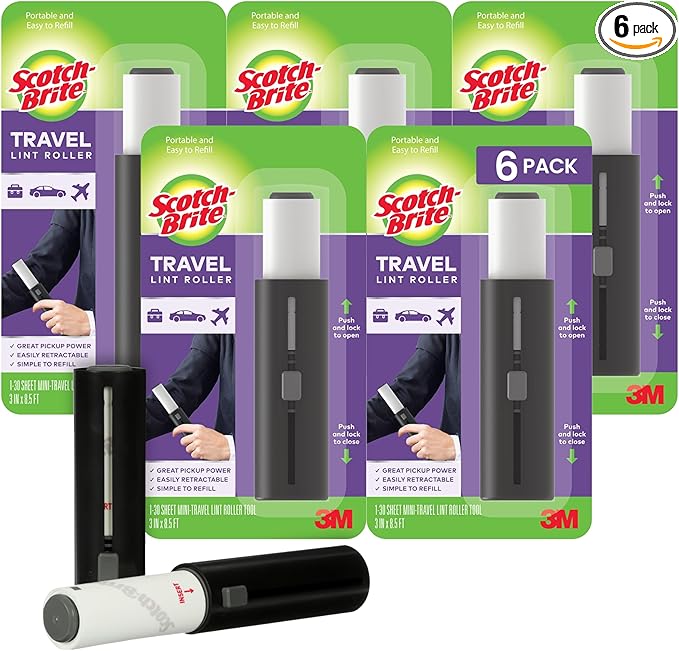Scotch-Brite Mini Travel Lint Roller, Portable Retractable Lint Roller for Pet Hair for Your Purse, Luggage, or Car, Pick Up Crumbs, Hair, and Debris on the Go, 3 in. x 8.5 in., 6 Pack
