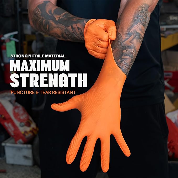 Herkules Grip Heavy Duty 8Mil Orange Nitrile Gloves,3D Raised Diamond Texture-Latex & Powder Free-Industrial, Mechanic (2, Small)