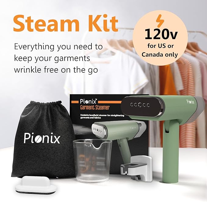 Pionix Handheld Garment Steamer - Foldable Handheld Steamer Clothes, 2-in-1 Horizontal & Vertical Fabric Steamer, Portable Hand Held Steamers for Clothes, 1000W Steam Press for Home & Travel -Green