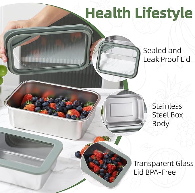 3PCS Food Storage Containers with Lids Airtight, 22/40/74oz Stainless Steel Containers Leak Proof Meal Prep Lunch Containers for Kitchen Storage, Microwave, Freezer, Dishwash Safe