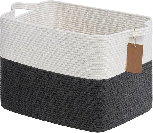 Goodpick Woven Storage Baskets for Organizing, 18" x 14" x 12" Baby Laundry Blanket Toy Basket for Living Room, Rectangle Cotton Rope Baskets with Handles, Dark Gray