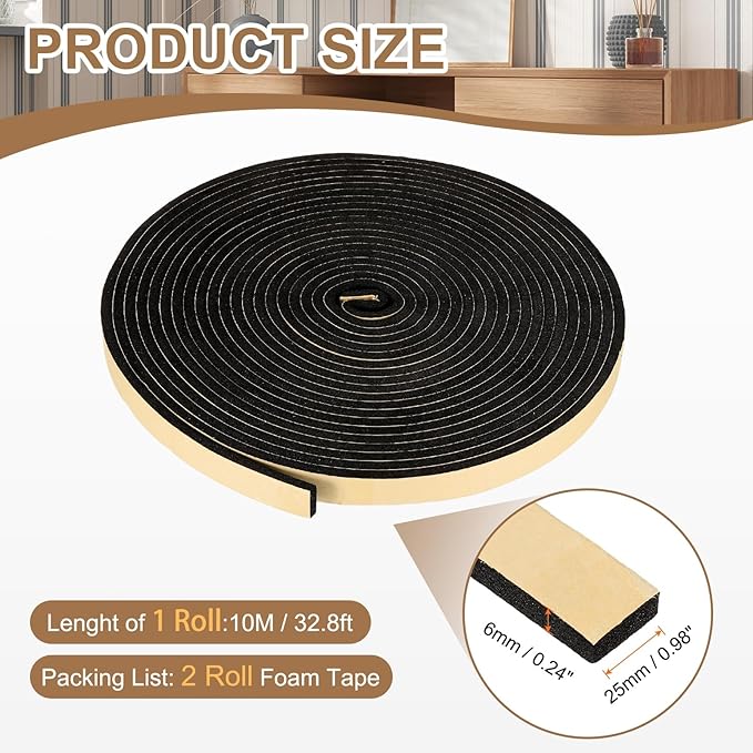 PATIKIL Foam Insulation Tape, 2Pcs 1" W x 1/4" t x 32.8FT Self Adhesive Weather Stripping Door Seal Strip for Door Window Air Conditioning, Black