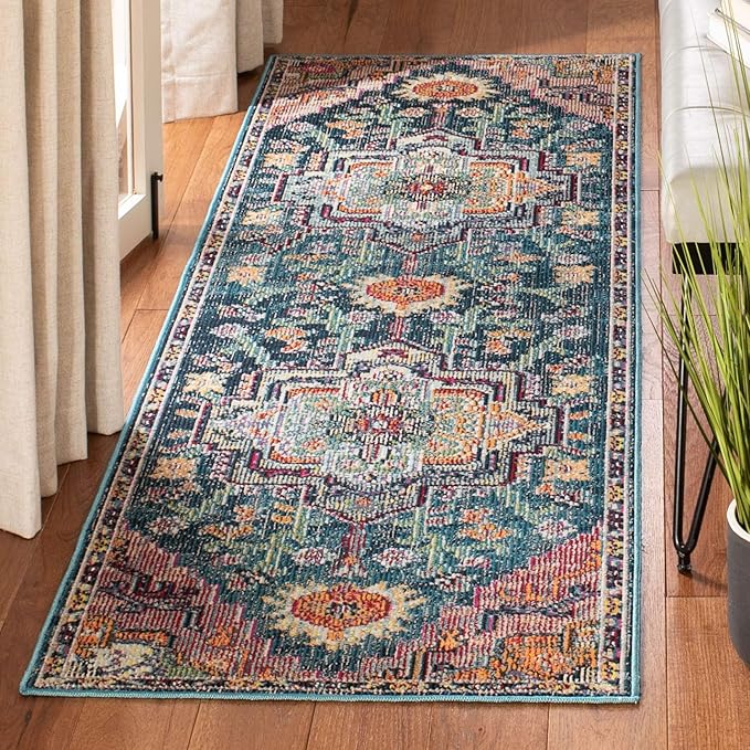 SAFAVIEH Crystal Collection Runner Rug - 2'2" x 19', Teal & Rose, Medallion Distressed Design, Non-Shedding & Easy Care, Ideal for High Traffic Areas in Living Room, Bedroom (CRS501T)
