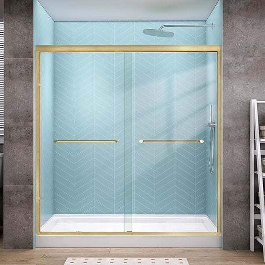 GETPRO Shower Door Double Sliding 62-66 in. W x 72 in. H Semi-Frameless Bypasss Bathroom Glass Shower Sliding Doors,1/4 inch Clear Tempered Glass Door for Walk-in Shower Brushed Gold