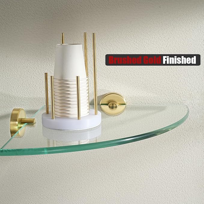 JQK Corner Glass Shelf, Brushed Gold Bathroom 304 Stainless Steel Shower Triangle Floating Wall Shelf, 10 x 10 Tempered Glass, 2 Pack TGS190L10-BG-P2