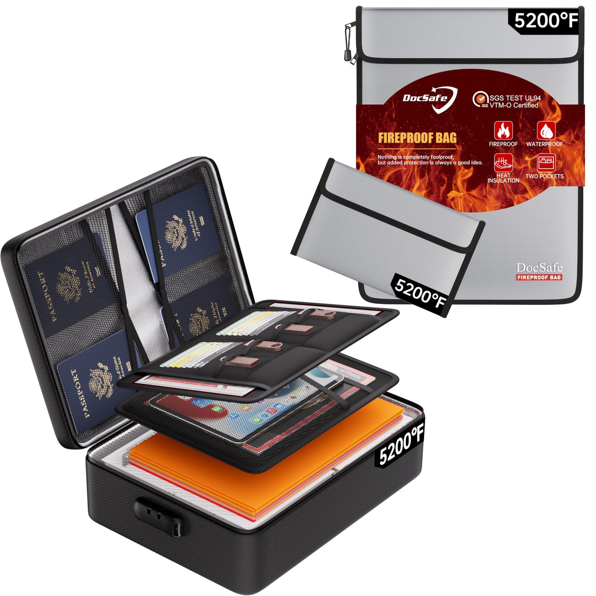 DocSafe Fireproof Document Bag Set(5200℉),Black and Gray - Image 1