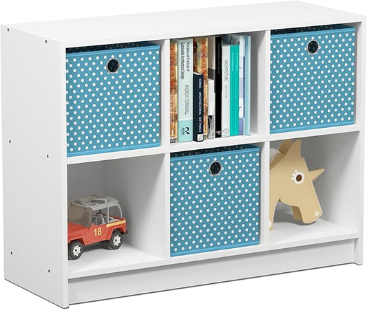 Furinno BASIC Book Shelf, 6-Cube Bookshelf with Open Shelf, 3 x 2 Bookcase with Storage Bins, Closed Back, Horizontal, 11.9" x 31.6" x 23.6", for Living Room, Bedroom, Home Office, White/Light Blue