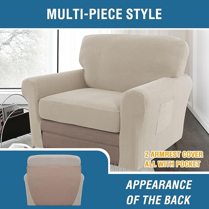 H.VERSAILTEX Multi-Pieces Chair Covers Stretch Couch Covers Form Fitted Seat and Back Cushions Covers (1 Seat Cover Plus 1 Back Cusion Cover, Bonus 2 Armrest Covers), Island Fossi