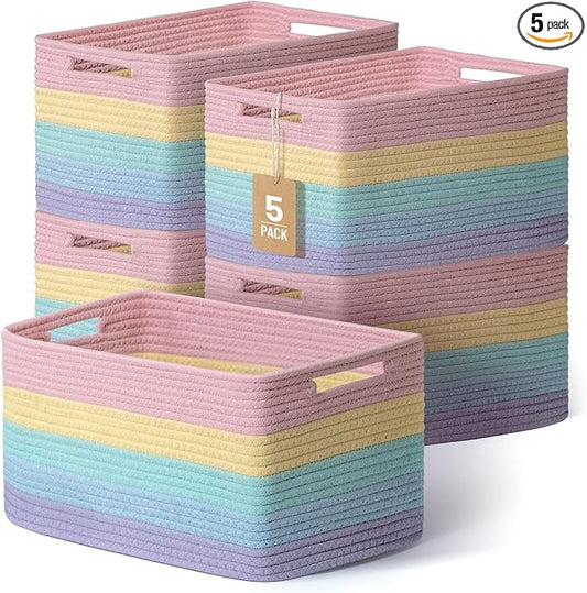 5 Pack Rainbow Woven Storage Baskets for Shelves, Decorative Toy Baskets Organizer for Kids Room, Nursery, Playroom, Classroom – Colorful Cotton Rope Toy Storage Bins for Organizing & Decor