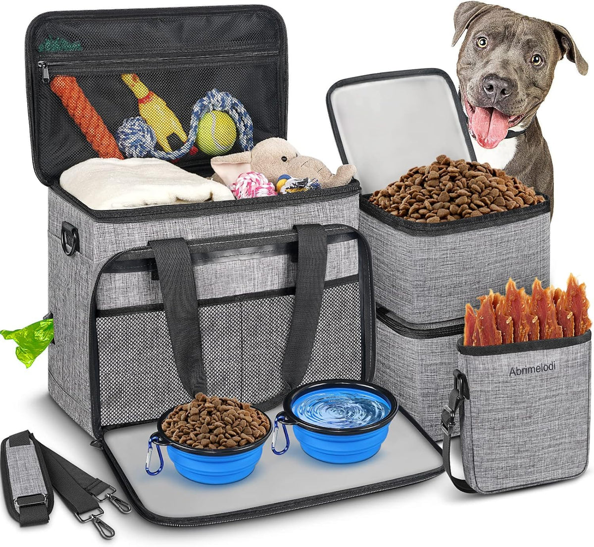 6 Set Dog Travel Bag, Large Pet Travel Kit for Supplies, Grey - Image 1