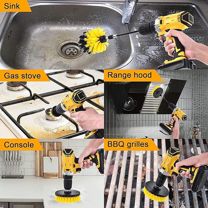 Drill Brush with Long Extend Attachment,Power Cleaning Scrub Brush for Bathroom and Kitchen Surface,Grout,Tub,Shower,Tile,Corners (Yellow)