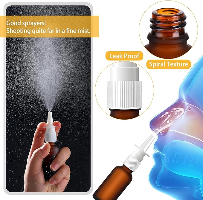 20 Pcs Nasal Spray Bottle, 30ML/1oz 12 Pcs Brown Empty Refillable Matte Glass Nasal Spray Bottle with 4 Funnels and 4 Labels