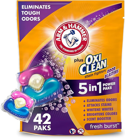 Arm & Hammer Plus OxiClean With Odor Blasters Laundry Detergent 5-IN-1 Power Paks, 42CT (Packaging may vary)
