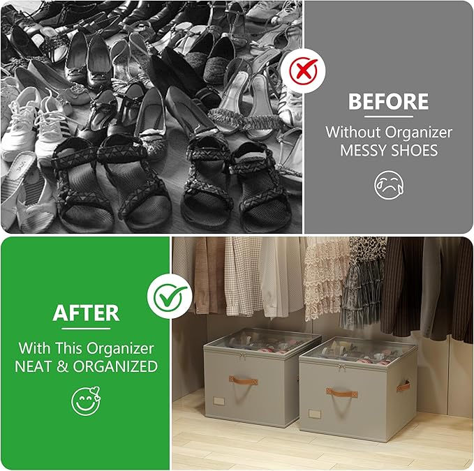 Shoe Organizer for Closet,2 Pack Shoe Storage Bins Foldable Shoe Storage Box Containers with Clear Cover and Sturdy Handles,Shoe Rack for Closet Storage for Sneakers Heels Slippers (Grey)