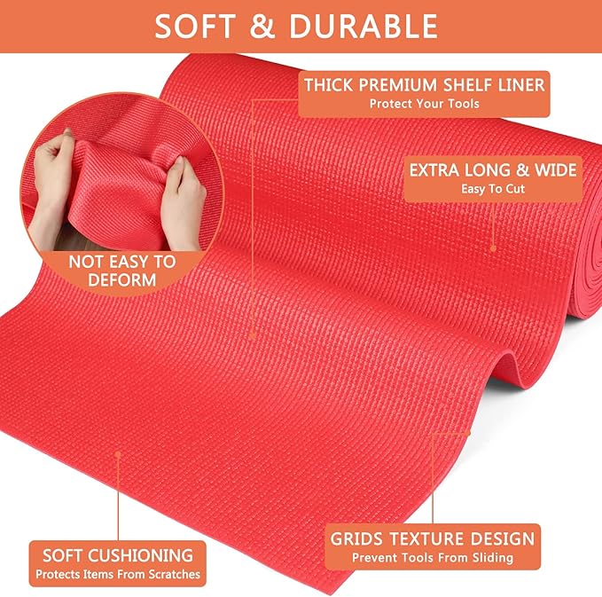 Foam Toolbox Liner Drawer Mat 1/8 Inch Thick X 16 Inch Wide X 16 Ft Long Red, No Slip for Protecting Cabinet, Garage, Cart, Tool Box