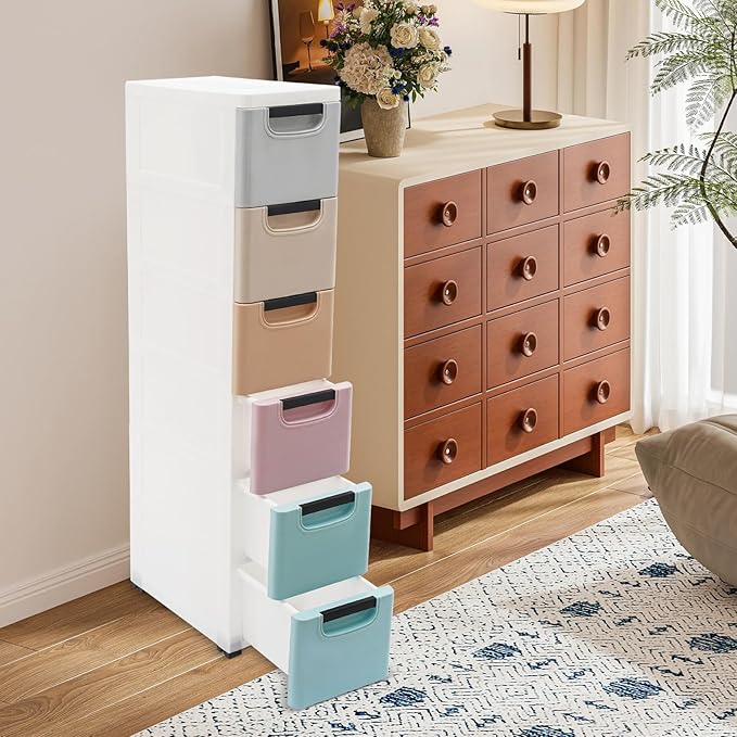 6 Drawers Storage Cart Rolling Storage Drawer Cart Narrow Plastic Dresser Rolling Organizer Cart Storage Unit on Wheels Bathroom Art Craft Supplies Mobile Slim Utility (Pale color)