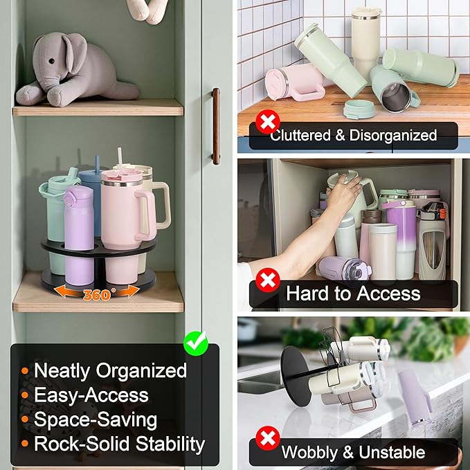 MyLifeUNIT Tumbler Organizer, 360° Rotating Water Bottle Organizer for Stanley Cups 40oz/30oz/20oz, Wooden Stanley Cup Holder for Cabinet Storage (Black)