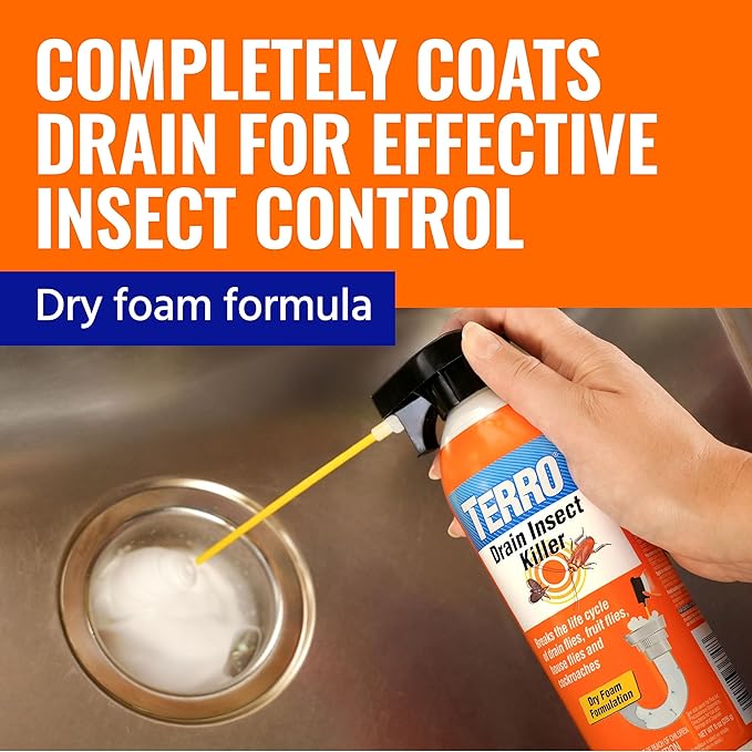 TERRO Drain Insect Killer - T590 Drain Fly Killer Spray - Foam Treatment for Fruit Flies, House Flies, and Cockroaches (Pack of 2)