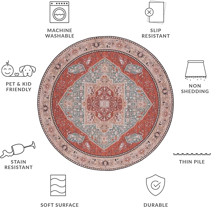 SAFAVIEH Washable Rug Tucson Collection - 4' Round, Aqua & Rust, Slip Resistant & Easy to Clean, Ideal for Foyer, Kitchen, Nursery, Office, Bedroom (TSN150J)
