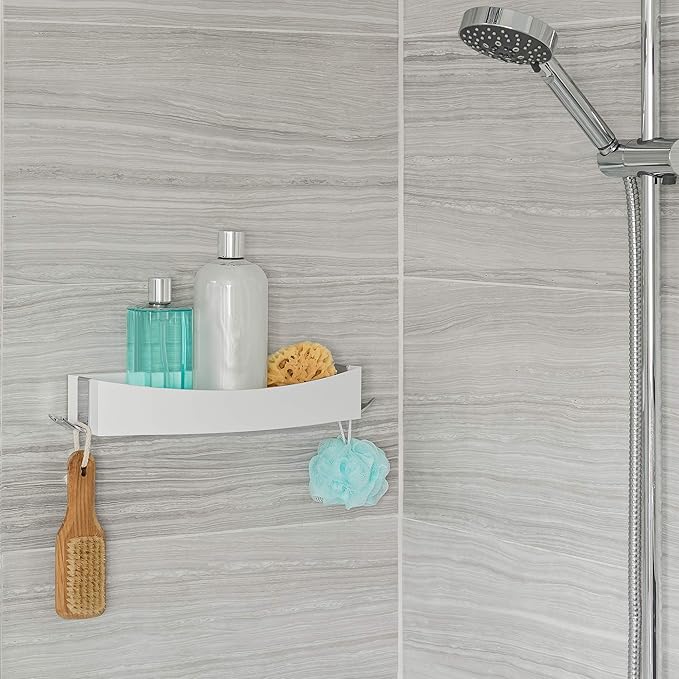 Better Living Clever Flip Shower Shelf, Basket or Shelf, Wall Mounted Shower Caddy Organizer with Removable Hooks, Multi-Purpose, No Drilling Adhesive, 16.88" x 4" x 2.88", White