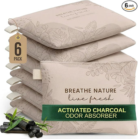 Activated Bamboo Charcoal Bags Odor Absorber for Strong Odor (6 Pack) - Air Purifying Bag & Closet Deodorizer - Car Odor Eliminator - Bamboo Charcoal Freshener for Home, Car, Bathroom & Shoes