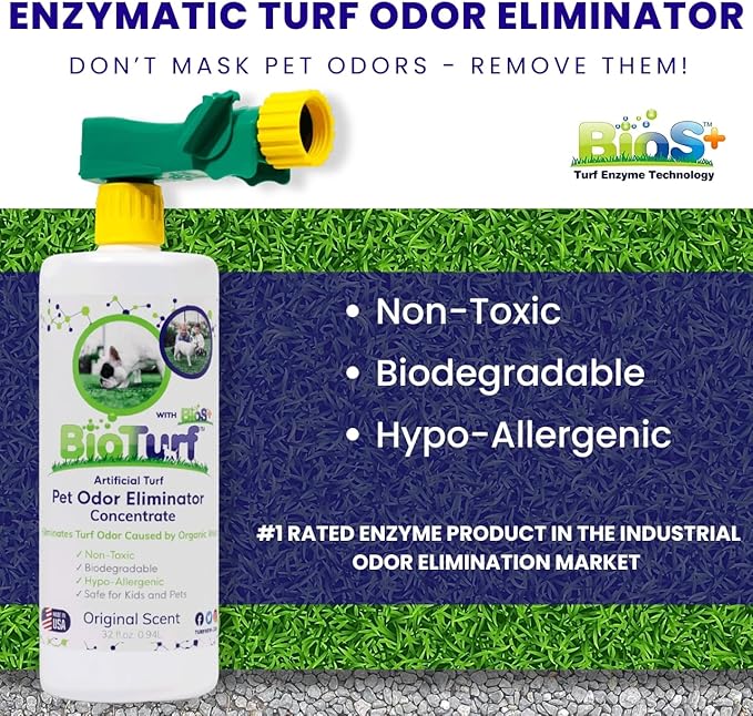BioS+ Odor Eliminator Concentrate - Artificial Turf Cleaner for Dog Urine & Feces - Outdoor Yard Deodorizer Enzyme Odor Eliminator for Fake Grass, Patios, Kennels & Gravel - 32 oz Bottle