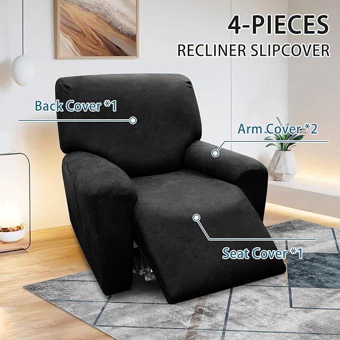 Chair Covers 4-Pieces Recliner Chair Covers 1 Seater Cover for Recliner Chair Leather Look Recliner Slipcovers with Pockets Spandex Fabric Furniture Covers(XL Recliner, Black)