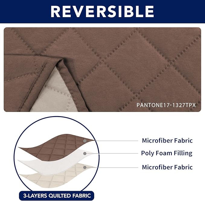 PureFit Water Resistant Reversible Sofa Covers for Reclining Sofa 3 Seat - Non Slip Split Recliner Couch Cover for 3 Cushion Couch, Washable Furniture Protector for Kids, Dogs (3 Seat, Brown/Beige)