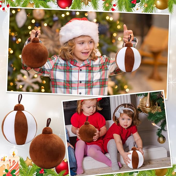 2 Pcs Christmas Pillows 7 Inch Round Christmas Ornament Shaped Throw Pillow Cute 3D Ball Xmas Throw Cushion Decoration for Bed Couch Sofa Chair Living Room(Brown and White)