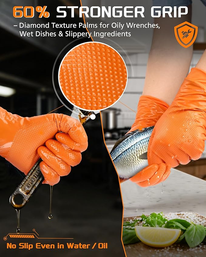 wcy 9 Mil Heavy Duty Orange Nitrile Gloves,Raised Diamond Texture Grip,Industrial Mechanic Rubber Gloves Disposable Latex Free Chemical Resistant Guantes for Work,Cooking,Food Safe - Medium,80Count