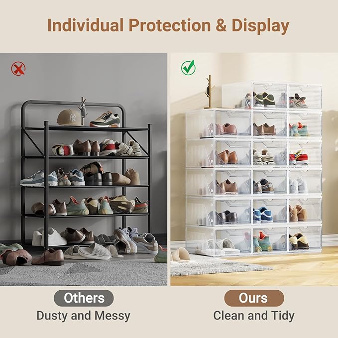 XX-Large Shoe Sneaker Storage Boxes for Size 14, Stackable & Thicken Clear Plastic Shoe Organizers 16 Packs for Entryway Closet Under Bed, Shoe Storage Cabinets Container Display Case w/ Magnetic Door