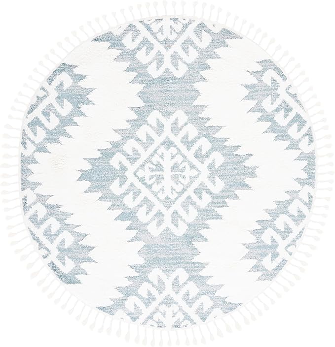 SAFAVIEH Moroccan Tassel Shag Collection Area Rug - 6'7" Round, Teal & Ivory, Trellis Design, Non-Shedding & Easy Care, 2-inch Thick Ideal for High Traffic Areas in Living Room, Bedroom (MTS652K)